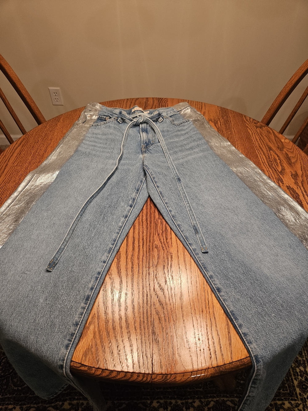 CUSTOM Upcycled Levi's Hand Painted Metallic Silver High Straight Jeans 26 - Picture 7 of 11